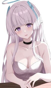 1girl absurdres anima_miko bare_shoulders blue_archive blush breasts camisole cleavage collar collarbone halo highres large_breasts long_hair looking_at_viewer mechanical_halo noa_(blue_archive) parted_lips purple_eyes solo table white_hair