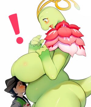 1boy 1girl absurdres antennae belly breasts chikorita colored_skin commentary curvy english_commentary flower furry furry_female furry_with_non-furry gen_2_pokemon green_skin hat hetero highres huge_breasts interspecies leaf long_neck mega_meganium mega_pokemon meganium neck_flower nintendo open_mouth paxton_(pokemon) personification plump pokemon pokemon_(creature) pokemon_legends:_z-a simple_background tail white_background whooo-ya yellow_eyes