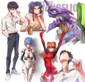 1boy 3girls absurdres arms_behind_back arms_up ayanami_rei black_hair blue_eyes blue_hair blunt_bangs blush bodysuit brown_hair camisole closed_eyes collared_shirt commentary copyright_name double_v drunk evangelion_(mecha) hand_in_pocket head_rest highres holding_earbud ikari_shinji instagram_logo instagram_username katsuragi_misato long_hair mecha_pilot_suit multiple_girls multiple_views neon_genesis_evangelion orange_hair plugsuit_(evangelion) ponytail red_bodysuit school_uniform shirt short_hair sidelocks souryuu_asuka_langley stephengiannart twitter_logo twitter_username v white_bodysuit white_shirt yellow_camisole