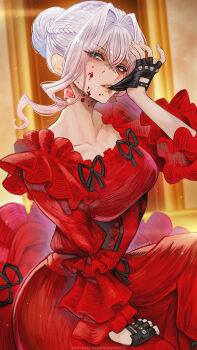 1girl artist_name black_gloves black_ribbon blood blood_on_face blood_on_neck blue_eyes braid braided_bun breasts collarbone commentary dress earrings english_commentary fingerless_gloves frilled_dress frills gloves hair_between_eyes hair_bun hair_intakes highres jewelry looking_at_viewer magion02 medium_breasts mouth_hold red_dress ribbon saigo_ni_hitotsu_dake_onegai_shite_mo_yoroshii_deshou_ka scarlet_el_vandimion sidelocks solo white_hair