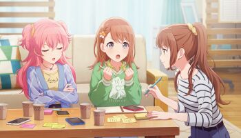 3girls blue_cardigan braid brown_eyes brown_hair cardigan cellphone closed_eyes collarbone collared_sweater colorful_palette couch crossed_arms cup cushion disposable_cup game_cg green_sweater grey_eyes grey_shirt hair_between_eyes hair_ornament hair_scrunchie hanasato_minori highres holding holding_pen jewelry long_hair looking_at_another momoi_airi multiple_girls necklace official_art pen phone pink_hair ponytail profile project_sekai rise_and_strive_(project_sekai) scrunchie shirt smartphone sticky_note striped_clothes striped_shirt sweater table third-party_source two_side_up u_u yellow_scrunchie yellow_shirt