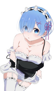 1girl absurdres bare_shoulders blue_eyes blue_hair breasts commentary_request crossed_arms hair_between_eyes highres looking_at_viewer maid medium_breasts re:zero_kara_hajimeru_isekai_seikatsu rem_(re:zero) solo tamakiwachi white_background