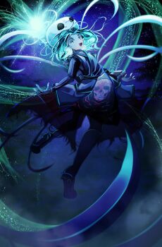 1other absurdres androgynous apron black_apron black_gloves black_sandals black_sleeves blood blood_stain bone commentary crack detached_sleeves elbow_gloves english_commentary ex-sese fangs floating floating_clothes floating_hair fog frilled_sleeves frills full_body gloves green_eyes green_hair happy hat highres inister japanese_clothes kimono kitsugai_sese len'en light_particles long_hair long_sleeves looking_at_viewer magic night okobo open_mouth other_focus outdoors platform_sandals purple_kimono sandals single_detached_sleeve single_elbow_glove skeleton_print skull-shaped_hat skull_print sky sleeveless sleeveless_kimono smile solo star_(sky) starry_sky teeth torn_clothes torn_kimono upper_teeth_only waist_apron white_hat wide_sleeves