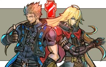 2boys blonde_hair brown_hair dakusuta highres jacket long_hair male_focus multiple_boys open_clothes open_jacket rex_(xenoblade) scar scar_on_face shulk_(xenoblade) xenoblade_chronicles_(series) xenoblade_chronicles_3