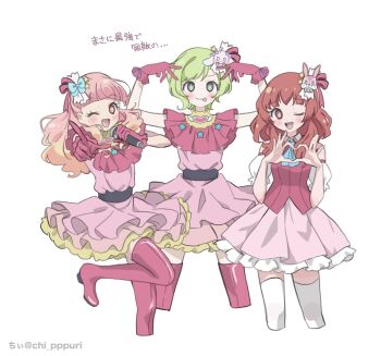 Rule 34 | :d, :p, aikatsu! (series), aikatsu friends!, arms up, artist name, blue neckerchief, blunt bangs, boots, bright pupils, chii (chi pppuri), clothing cutout, cropped legs, crossover, dot nose, dress, frilled dress, frills, gloves, gradient hair, green eyes, green hair, hands up, harune aira, heart, heart hands, highres, himitsu no aipri, holding, holding microphone, idol, idol clothes, layered dress, legs apart, light blush, medium dress, microphone, mitsuba airi, multicolored hair, neckerchief, one eye closed, open mouth, orange hair, pink boots, pink dress, pink gloves, pink hair, pointing, pointing at viewer, pretty rhythm, pretty rhythm aurora dream, pretty series, priusa, rabichi, raised inner eyebrows, red hair, short hair, short sleeves, shoulder cutout, simple background, smile, spread legs, standing, standing on one leg, star-shaped pupils, star (symbol), straight-on, straight hair, symbol-shaped pupils, teeth, thigh boots, thighhighs, tongue, tongue out, twitter username, two-tone hair, upper teeth only, v-shaped eyebrows, waves, white background, white pupils, white thighhighs, yuki aine, zettai ryouiki
