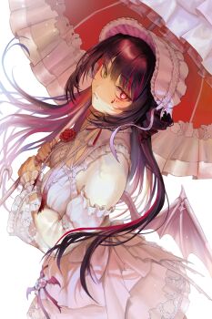 Rule 34 | 1girl, absurdres, back bow, bare shoulders, bat wings, black hair, bonnet, bow, colored inner hair, commentary, cowboy shot, demon wings, detached sleeves, dress, drill hair, flower-shaped pupils, frilled dress, frilled shirt collar, frilled sleeves, frilled wrist cuffs, frills, from side, goth fashion, heterochromia, highres, holding, holding umbrella, idolmaster, idolmaster shiny colors, ikaruga luca, jewel under eye, layered dress, lolita fashion, low wings, mismatched pupils, multicolored hair, overexposure, parasol, puritan collar, red eyes, red hair, red streaks, see-through clothes, see-through sleeves, shikuwata, simple background, sleeveless, sleeveless dress, sweet lolita, symbol-shaped pupils, twin drills, two side up, umbrella, white background, white bonnet, white dress, wings, wrist cuffs, yellow eyes