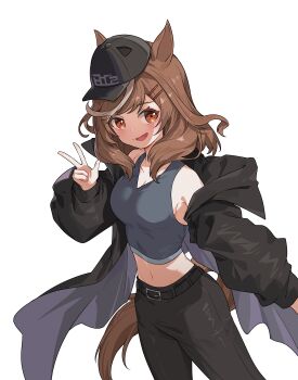 1girl absurdres animal_ears bare_shoulders baseball_cap belt black_belt black_jacket black_pants blush boc&#039;z_(umamusume) breasts brown_hair collarbone grey_sports_bra grey_tank_top hair_ornament hairclip hat highres horse_ears horse_girl horse_tail jacket long_hair looking_at_viewer matikanetannhauser_(boc&#039;z)_(umamusume) matikanetannhauser_(umamusume) medium_breasts medium_hair midriff multicolored_hair navel official_alternate_costume open_clothes open_jacket open_mouth pants simple_background smile solo sports_bra streaked_hair tail tank_top umamusume w white_background yzj21333