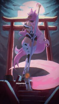 absurdres animal_ears back commentary english_commentary fox_ears fox_girl fox_tail full_moon highres indie_virtual_youtuber leg_armor long_hair looking_back mechanical_legs meicha_(vtuber) moon night pink_hair ponytail prim_prim purple_eyes scythe shorts stairs tail thick_thighs thighs torii very_long_hair virtual_youtuber