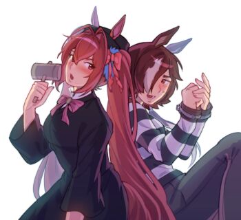2girls animal_ears black_dress black_pants blush bow breasts brown_eyes brown_hair commentary cuffs daiwa_scarlet_(umamusume) dress ears_through_headwear english_commentary flowerfullyart gavel hair_between_eyes hair_intakes hair_over_one_eye hammer handcuffs hat highres holding holding_hammer holding_mallet horse_ears horse_girl horse_tail judge long_hair long_sleeves mallet multicolored_hair multiple_girls open_mouth pants pink_bow prison_clothes prisoner red_eyes shirt striped_clothes striped_shirt sweatdrop tail twintails umamusume very_long_hair vodka_(umamusume) white_hair