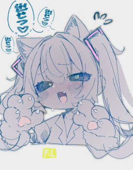 1girl :3 absurdres animal_ear_fluff animal_ears animal_hands artist_name black_sclera blush cat_ears chinese_commentary collarbone colored_sclera commentary_request double-parted_bangs drooling fang fl-feiling flying_sweatdrops gloves hair_between_eyes hatsune_miku heart highres long_hair mimukauwa_nice_try_(vocaloid) monochrome open_mouth paw_gloves saliva saliva_trail shirt smile solo spot_color sweatdrop teeth twintails vocaloid white_shirt