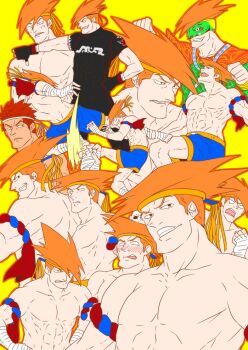 Rule 34 | 1boy, abs, adon (street fighter), alternate costume, alternate hairstyle, ankle wrap, armband, bad id, bad pixiv id, bodysuit, capcom, collage, fingerless gloves, gloves, headband, male focus, mask, mongkhon, multiple persona, muscular, orange hair, red hair, sasaki (sid328), topless male, shorts, smile, street fighter, street fighter i, street fighter iv (series), teeth, wrist wrap