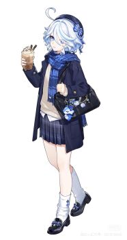 1girl ahoge alternate_costume ayu_chongya bad_source bag bag_charm beret blue_bow blue_eyes blue_hair blue_scarf bow charm_(object) closed_mouth cup curly_hair disposable_cup drop-shaped_pupils food full_body furina_(genshin_impact) genshin_impact hair_over_one_eye hat hat_bow heart heart_ahoge heterochromia highres holding holding_cup ice_cream jacket long_sleeves looking_at_viewer multicolored_hair open_clothes open_jacket plaid_clothes plaid_scarf plaid_skirt pleated_skirt scarf school_bag school_uniform shirt shoes short_hair shoulder_bag simple_background skirt socks solo standing streaked_hair sweater_vest symbol-shaped_pupils watermark white_background white_hair white_shirt white_socks