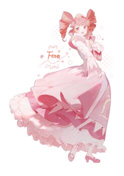 Rule 34 | 1girl, :d, absurdres, bell sleeves, bilingual commentary, bow, character name, chest bow, chinese commentary, commentary, compact (cosmetics), cosmetics, crest, dress, drill hair, english text, fine (fortune princess) (futagohime), fine (futagohime), frilled dress, frilled sleeves, frills, full body, fushigiboshi no futago hime, gold tiara, gown, hair ornament, hand on own chest, heart, heart print, high collar, high heels, highres, holding own dress, layered dress, light particles, long hair, long sleeves, looking at viewer, magical girl, mary janes, mixed-language commentary, morgue (southsakura), open mouth, pink dress, pink shoes, print dress, red eyes, red hair, shoes, simple background, smile, solo, star (symbol), star hair ornament, sun print, supportasse, swept bangs, teeth, tiara, twin drills, upper teeth only, white background, white bow