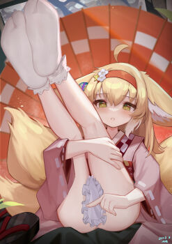 1girl ahoge animal_ears apron arknights bare_legs blonde_hair blush ears_down feet female_focus fox_ears fox_girl fox_tail full_body geta green_eyes hairband highres japanese_clothes kalun_(fwme3378) kimono kneepits large_variant_set legs legs_up loli long_hair long_sleeves looking_at_viewer no_shoes official_alternate_costume oil-paper_umbrella open_mouth pink_kimono red_hairband shoes signature sitting socks soles solo suzuran_(arknights) suzuran_(yukibare)_(arknights) tabi tail umbrella unworn_shoes variant_set waist_apron white_apron white_socks wide_sleeves