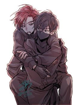 2boys black_eyes black_gloves black_hair black_mask black_pants blood blood_from_mouth cale_henituse carrying choi_han commentary_request dated fingerless_gloves gloves highres hood jacket long_sleeves looking_at_another lout_of_count&#039;s_family male_focus mask mouth_mask multiple_boys osewa6363 pants piggyback red_hair short_hair signature simple_background white_background