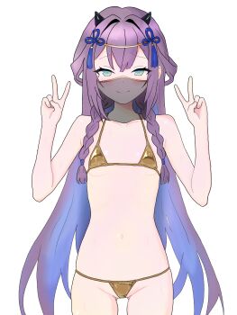 1girl amakawa_mamushi astral_party bikini blue_eyes blue_hair braid breasts colored_inner_hair commentary_request double_v dragon_girl flat_chest gluteal_fold gold_bikini golden_week highres horns long_hair looking_at_viewer low_twin_braids mole mole_under_eye multicolored_hair navel purple_hair shiny_swimsuit simple_background small_breasts smile solo swimsuit twin_braids user_jvrp3422 v very_long_hair white_background