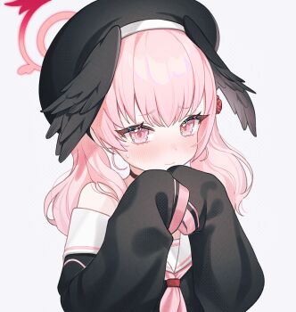 1girl bare_shoulders beret black_hat black_shirt black_wings blue_archive blush embarrassed feathered_wings fymrie halo hat head_wings koharu_(blue_archive) long_hair long_sleeves looking_at_viewer neckerchief off_shoulder pink_eyes pink_hair pink_neckerchief sailor_collar shirt simple_background sleeves_past_fingers sleeves_past_wrists solo twintails upper_body white_sailor_collar wings