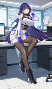 1girl absurdres bare_shoulders black_boots black_pantyhose black_ribbon boots breasts closed_mouth collarbone commentary_request desk dress earrings fingernails full_body gloves hair_ribbon hand_on_own_thigh hand_up high_heel_boots high_heels highres honkai_(series) honkai_impact_3rd indoors jewelry large_breasts large_variant_set long_fingernails long_hair monitor nail_polish office on_desk pantyhose purple_eyes purple_gloves purple_hair purple_nails raiden_mei raiden_mei_(apho) ribbon single_glove sitting smile solo variant_set very_long_hair white_dress wu_ganlan_cai