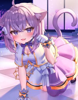 1girl absurdres ahoge alternate_costume animal_ear_fluff animal_ears arm_support bad_id bad_twitter_id breasts cat_ears cat_girl cat_tail cleavage deaver fang food-themed_hair_ornament gloves hair_ornament highres hololive kneeling looking_at_viewer medium_breasts nekomata_okayu onigiri_hair_ornament open_mouth paw_pose purple_eyes purple_hair purple_skirt short_hair skirt smile solo tail virtual_youtuber white_gloves