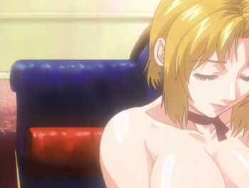 00s 1boy 1girl 2005 animated animated_gif bare_shoulders belt bench bible_black bible_black_new_testament blonde_hair bouncing_breasts breasts cleavage crossed_arms dress earrings hetero jewelry kitami_reika large_breasts lying nipples no_bra off_shoulder red_dress shin_bible_black short_hair tagme thighhighs unworn_clothes witch