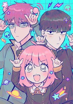 1girl 2boys absurdres ahoge alternate_eye_color anya_(spy_x_family) bowl_cut commentary crossover eden_academy_school_uniform expressionless gakuran glasses green-tinted_eyewear grey_eyes hairpods highres hyeon_0613 kageyama_shigeo mob_psycho_100 multiple_boys multiple_crossover pink_hair saiki_kusuo saiki_kusuo_no_psi_nan school_uniform spy_x_family tinted_eyewear trait_connection v-shaped_eyebrows