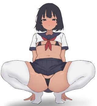 1girl arms_at_sides bikini black_bikini black_eyes black_hair black_sailor_collar black_skirt blush closed_mouth clothes_lift commentary_request flat_chest full_body groin half-closed_eyes highres looking_at_viewer micro_bikini miniskirt navel neckerchief no_pupils no_shoes nose_blush original peace_peace009 pleated_skirt red_neckerchief sailor_collar school_uniform serafuku short_hair short_sleeves shrug_(clothing) simple_background skindentation skirt skirt_lift solo spread_legs squatting stomach string_bikini swimsuit tan thick_thighs thighhighs thighs tiptoes white_background white_shrug white_thighhighs