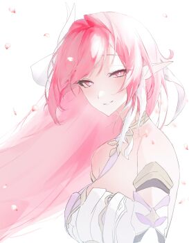 Rule 34 | 1girl, absurdres, bare shoulders, breasts, commentary, corset, diamond-shaped pupils, diamond (shape), elf, elysia (herrscher of human: ego) (honkai impact), elysia (honkai impact), fuahina, hair ornament, highres, honkai (series), honkai impact 3rd, large breasts, long hair, looking at viewer, multicolored hair, pink hair, pointy ears, purple eyes, simple background, smile, solo, symbol-shaped pupils, two-tone hair, upper body, very long hair, white background, white corset, white hair