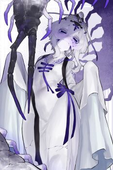 Rule 34 | 1girl, absurdres, arthropod girl, breasts, bug, centipede, chinese clothes, clothing request, colored skin, commentary request, cracked skin, dress, ekrea jan, hair ribbon, highres, long sleeves, monster girl, original, pale skin, purple eyes, purple ribbon, ribbon, small breasts, white dress, white hair, white skin