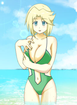 beach blonde_hair blue_eyes breasts huge_breasts monokini muv-luv muv-luv_alternative muv-luv_total_eclipse ocean short_hair stella_bremer thighs water