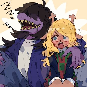 2525nicc 2girls @_@ animal_ears antlers blonde_hair blue_jacket blue_pants blush brown_fur brown_hair buck_teeth checkered_sweater_vest colored_skin colored_teeth crossed_legs deer_antlers deer_ears deer_girl deltarune freckles full-face_blush furry furry_female highres horns jacket long_hair multiple_girls noelle_holiday pants purple_skin saliva shirt sitting susie_(deltarune) teeth torn_clothes torn_pants utdr_(toby_fox) white_shirt yellow_teeth zzz