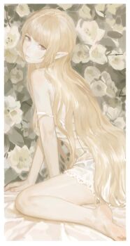 1girl absurdres arm_between_legs arm_support barefoot bed_sheet blonde_hair breasts dress feet feet_out_of_frame fingernails floral_background flower from_side full_body highres incredibly_absurdres kiss-shot_acerola-orion_heart-under-blade kiss-shot_acerola-orion_heart-under-blade_(young_adult) kizumonogatari lace lace-trimmed_dress lace_trim large_breasts legs_apart light_blush lips long_hair looking_at_viewer monogatari_(series) oshino_shinobu parted_lips pointy_ears short_dress sidelocks sitting sleeveless sleeveless_dress soles solipsist solo strap_slip sundress very_long_hair wariza white_dress white_flower white_mouth white_theme yellow_eyes