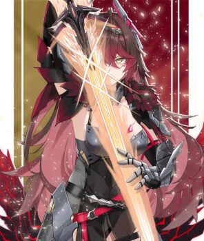 1girl aether_gazer armored_gloves blue_eyes breasts brown_hair cleavage closed_eyes commentary_request dress fur_trim gloves glowing glowing_sword glowing_weapon highres holding holding_weapon hururu_(vldptmxk1054) korean_commentary large_breasts long_hair looking_at_viewer medium_breasts multicolored_hair red_hair revision streaked_hair sword verthandi_(aether_gazer) weapon yellow_eyes