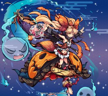 1girl ahoge armpits bare_shoulders barefoot black_sleeves black_thighhighs blonde_hair blush bow breasts broken broken_chain chain collar commentary_request company_name copyright_logo copyright_name copyright_notice detached_sleeves full_body ghost hair_bow halloween halloween_costume highres himegami_kagura hitodama jitome logo long_hair looking_at_viewer metal_collar miniskirt motion_lines ms06s navel official_art open_hand open_mouth orange_bow orange_eyes outstretched_arms outstretched_legs pleated_skirt pumpkin shirt shiva_(himegami_kagura) skirt small_breasts smile solo spread_arms strapless strapless_shirt thighhighs third-party_source third_eye title twintails very_long_hair