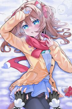 1girl 1other ahoge animal_ears aqua_bow aqua_bowtie black_thighhighs blue_eyes bow bowtie brown_hair cardigan cat_ears cat_girl cat_tail commentary cowboy_shot dora_pomidora7 dress_shirt english_commentary from_above hair_between_eyes hair_ornament heart heart_hair_ornament highres holding holding_snowball long_hair long_sleeves looking_at_viewer miniskirt neuro-sama on_bed open_cardigan open_clothes open_mouth panties red_scarf scarf shirt skirt snowball solo_focus striped_clothes striped_panties stuffed_animal stuffed_toy tail thighhighs turtle underwear vedal987 vedal_ai virtual_youtuber white_shirt yellow_cardigan