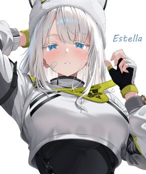 1girl absurdres animal_ears animal_hat arknights arknights:_endfield arm_behind_head bandaid bandaid_on_cheek bandaid_on_face blue_eyes blush bodysuit breasts character_name commentary_request estella_(arknights) fingerless_gloves gloves grey_hair hands_up hat highres large_breasts long_hair long_sleeves looking_at_viewer looking_down parted_lips shirt simple_background solo teef upper_body white_background white_hair white_hat