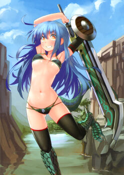 1girl absurdres ahoge armpits arms_up bikini black_bikini black_bra black_gloves black_panties black_thighhighs blue_hair blush bow bow_panties bra breasts buckler claws cloud day dragon_girl elbow_gloves female_focus floating_hair genkai_tokki_monster_monpiece gloves grin groin halterneck highres huge_weapon leg_lift lizard_tail lizardman_(genkai_tokki_monster_monpiece) long_hair looking_at_viewer lowleg lowleg_panties navel official_art orange_eyes outdoors panties path patorishia patricia_(stylish_marunage) petite reptile_girl road rock scales scan shield sidelocks single_elbow_glove skindentation sky small_breasts smile solo standing standing_on_one_leg strap_gap string_bikini string_panties swimsuit sword tail thighhighs underboob underwear underwear_only very_long_hair weapon