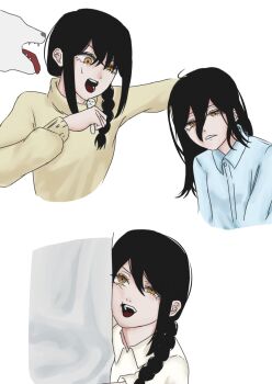 Rule 34 | 1girl, 1other, animal, black hair, braid, bucho (user uhyt3853), chainsaw man, collared shirt, commentary request, dog, hair between eyes, highres, korean commentary, long hair between eyes, looking up, mole, mole under eye, multiple views, nayuta (chainsaw man), open mouth, ringed eyes, shirt, simple background, teeth, upper teeth only