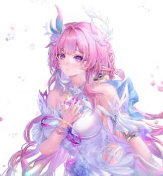 1girl absurdres aqua_hair breasts commentary cyrene_(honkai:_star_rail) cyrene_(ripples_of_past_reverie)_(honkai:_star_rail) diamond-shaped_pupils diamond_(shape) dress earrings flower hair_flower hair_ornament highres honkai:_star_rail honkai_(series) iz_enchanting jewelry large_breasts long_hair looking_at_viewer multicolored_hair pink_hair pointy_ears purple_eyes simple_background solo symbol-only_commentary symbol-shaped_pupils very_long_hair white_background white_dress white_hair