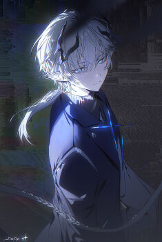 1boy ardashir_(arknights) arknights arknights:_endfield bishounen black_background black_horns black_shirt blue_eyes blue_jacket dadijiji grey_hair hair_between_eyes highres horns jacket long_hair looking_at_viewer low_ponytail male_focus pointy_ears ponytail shirt sidelighting solo turtleneck upper_body