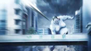 Rule 34 | 1boy, 1girl, 1other, black hair, black jacket, blue skin, blurry, blurry foreground, building, chaos;child, city, colored skin, d-sword, fat, fat man, game cg, giant, grey sky, hekiho academy school uniform, highres, incoming attack, jacket, kazuki hana, miyashiro takuru, monster, navel, non-web source, official art, open mouth, purple eyes, sasaki mutsumi, school uniform, science adventure, shibuya (tokyo), sky, standing, sumo, sumo sticker (chaos;child), tokyo (city), wide-eyed