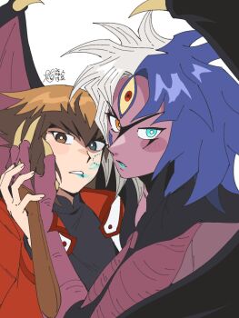 black_shirt blue_eyes blue_hair brown_eyes brown_hair caressing_cheek colored_skin demon_girl demon_horns demon_wings duel_academy_uniform_(yu-gi-oh!_gx) duel_monster facial_mark hand_on_own_face heterochromia holding_hands horns interrupted jacket kiss lipstick_mark multicolored_hair orange_eyes pink_skin red_jacket shirt spiked_hair third_eye white_hair wings yobimasen yu-gi-oh! yu-gi-oh!_gx yubel yuki_judai