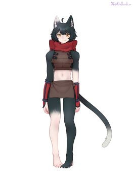 Rule 34 | 1girl, ahoge, animal ear fluff, animal ears, artist name, black hair, cat ears, cat girl, cat tail, clawed feet, closed mouth, crop top, dungeon meshi, fingerless gloves, full body, gloves, highres, izutsumi, kimchunsik, midriff, navel, red scarf, scarf, short hair, simple background, slit pupils, smile, solo, standing, tail, twitter username, white background, yellow eyes