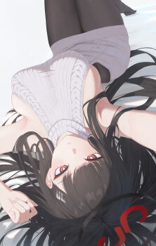 1girl absurdres arm_up armpits bed bed_sheet black_hair black_halo black_pantyhose blue_archive blunt_bangs blush breasts bright_pupils commentary dutch_angle feet grey_sweater hair_ornament hair_spread_out halo halterneck high-waist_pantyhose highres knees_up large_breasts long_hair looking_at_viewer lying millennium_science_school_logo multicolored_halo nail_polish on_back on_bed outstretched_arm pantyhose parted_lips pige_pig pink_nails reaching reaching_towards_viewer red_eyes ribbed_sweater ringed_eyes rio_(blue_archive) sideboob sideless_outfit sideless_sweater sidelocks simple_background sleeveless sleeveless_sweater sleeveless_turtleneck soles solo sweater thighs turtleneck turtleneck_sweater upside-down very_long_hair virgin_killer_sweater white_background white_pupils