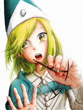 Rule 34 | 1girl, absurdres, calligraphy brush, coco (tongari boushi no atelier), doodleriz, fingernails, green eyes, green hair, highres, open mouth, paintbrush, qifrey's atelier apprentice uniform, solo, teeth, tongari boushi no atelier, upper body, upper teeth only, writing