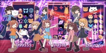 6+girls aijou_karen aimoto_rinku akashi_maho animal bang_dream! bang_dream!_girls_band_party! black_dress black_hair black_pantyhose black_shoes blank_eyes blonde_hair blue_dress blue_hair blue_shirt blue_shorts braid brown_hair brown_shoes calico_(pattern) calico_cat closed_eyes clothes_around_waist collared_dress colored_tips commentary_request cone_hair_bun crossover crown_braid crown_hair_ornament d4dj daruma_doll double_bun dress grey_hoodie grey_shoes grey_skirt hair_bun hair_ornament hanazono_tae highres holding holding_animal holding_rabbit hood hoodie ichigaya_arisa jacket jacket_around_waist kagura_hikari logo long_hair long_sleeves lop_rabbit medium_hair multicolored_hair multiple_crossover multiple_girls ohnaruto_muni open_mouth orange_jacket orange_shirt orange_skirt pantyhose pinafore_dress pink_shirt pleated_skirt puyopuyo puyopuyo_tetris rabbit sanpaku shirt shoes short_dress short_shorts shorts shoujo_kageki_revue_starlight sidelocks skirt sleeveless sleeveless_dress sparkle_hair_ornament star_(symbol) sweatdrop tetromino toyama_kasumi tsuyuzaki_mahiru twintails two_side_up v-shaped_eyebrows x_hair_ornament yukitake_(bullfalk)