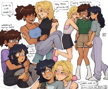 3girls :o aged_up amphibia anne_boonchuy arm_hug artist_name black_hair blonde_hair blush bra bra_peek brown_hair byubiyubi can carrying closed_eyes dark-skinned_female dark_skin ear_piercing english_text full_body girl_sandwich grin highres holding holding_can hug hug_from_behind long_hair looking_at_another marcy_wu medium_hair mole mole_under_eye monster_energy multiple_girls no_shoes open_mouth pants piercing polyamory ponytail princess_carry sandwiched sasha_waybright scrunchie shirt shorts simple_background sleeveless sleeveless_shirt slippers smile socks speech_bubble t-shirt teeth underwear upper_teeth_only white_background yuri
