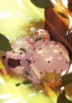 absurdres beak blush closed_eyes closed_mouth commentary_request cottonee drooling eldegoss falling_leaves from_above gen_5_pokemon gen_7_pokemon gen_8_pokemon grass highres leaf mouth_drool nintendo nose_bubble pokemon pokemon_(creature) rowlet sleeping smile taisa_(lovemokunae) tree wooloo
