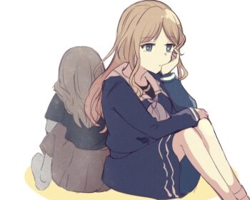 Rule 34 | 2girls, aged down, bang dream!, bang dream! it's mygo!!!!!, black shirt, blue eyes, blue shirt, blue skirt, brown hair, brown skirt, closed mouth, grey neckerchief, long hair, long sleeves, multiple girls, nagasaki soyo, neckerchief, sailor collar, setou (bpdne), shirt, sitting, skirt, time paradox, white sailor collar