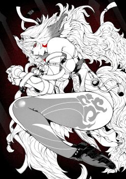 1girl absurdres animal_ear_fluff animal_ears bare_shoulders black_shoes blush breasts china_dress chinese_clothes commentary_request dress droopy_ears fetal_position from_side greyscale_with_colored_background highres leg_tattoo looking_at_viewer medium_breasts monochrome parted_lips pelvic_curtain red_eyes red_hair see-through_horns shoes solo spot_color tail tattoo white_dress white_hair white_tail ye_shunguang yotsumi_shiro zenless_zone_zero