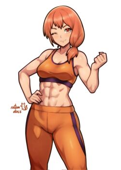 1girl abs bare_arms bare_shoulders clenched_hand commission crop_top dark-skinned_female dark_skin fire_emblem fire_emblem:_three_houses hand_on_own_hip highres ko-fi_commission leonie_pinelli leonie_pinelli_(timeskip) muscular muscular_female nintendo one_eye_closed orange_eyes orange_hair orange_pants orange_sports_bra pants rotomdocs smile sports_bra